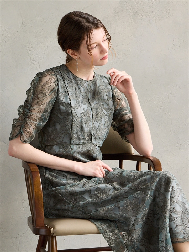 エンブロイダリーチュールパイピングドレス|グリーン