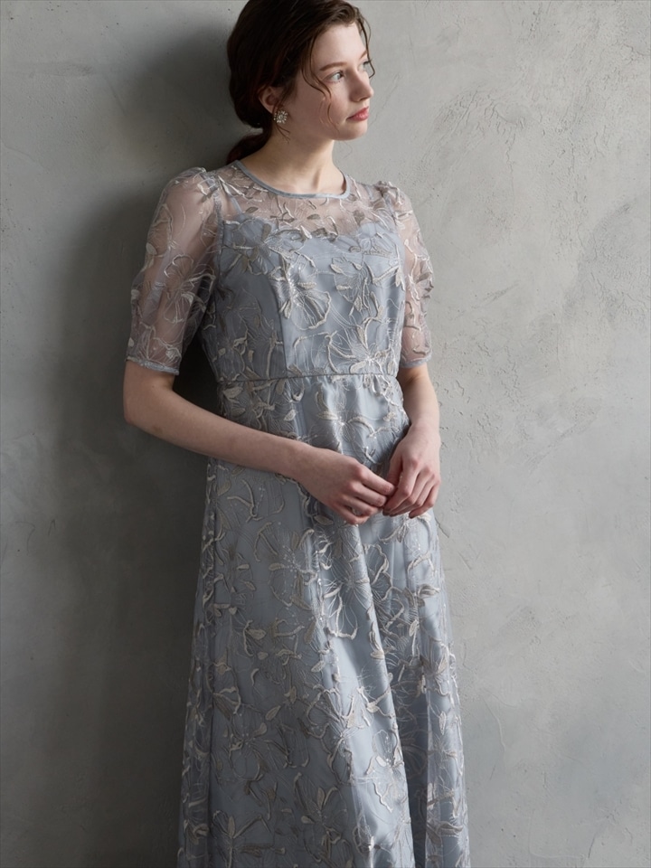 ビオラモチーフスパンコール刺繍バックシャンドレス|サックス