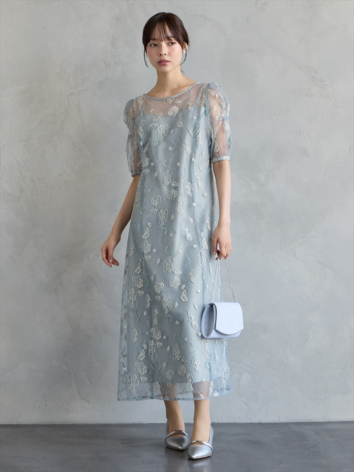 配色フラワー刺繍チュールAラインドレス|スモーキーグリーン