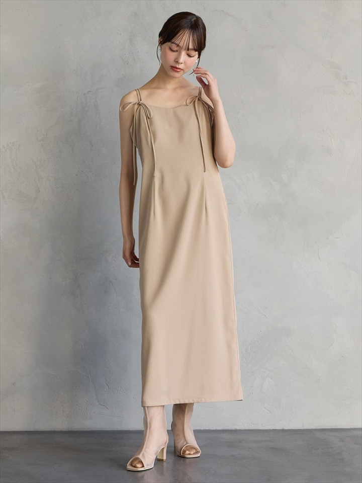 3WAYリボンストラップマットサテンIラインキャミソールドレス|ベージュ