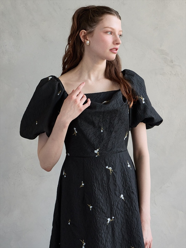 3WAYスリーブフラワー刺繍ジャカードフィット&フレアドレス|ブラック