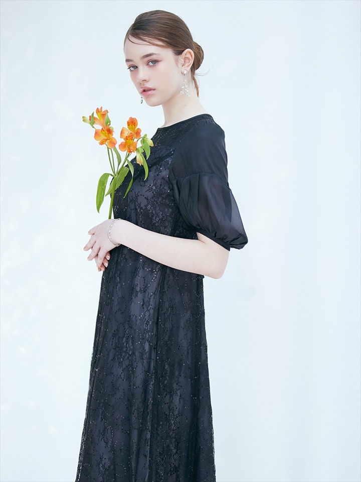 オーガンジーボリュームスリーブスパンコールレースAラインドレス|ブラック
