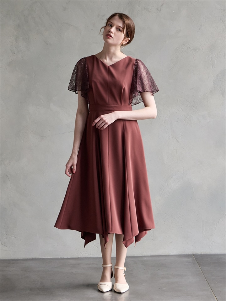 イレギュラーヘム・ミモレ丈ドレス|ダークレッド