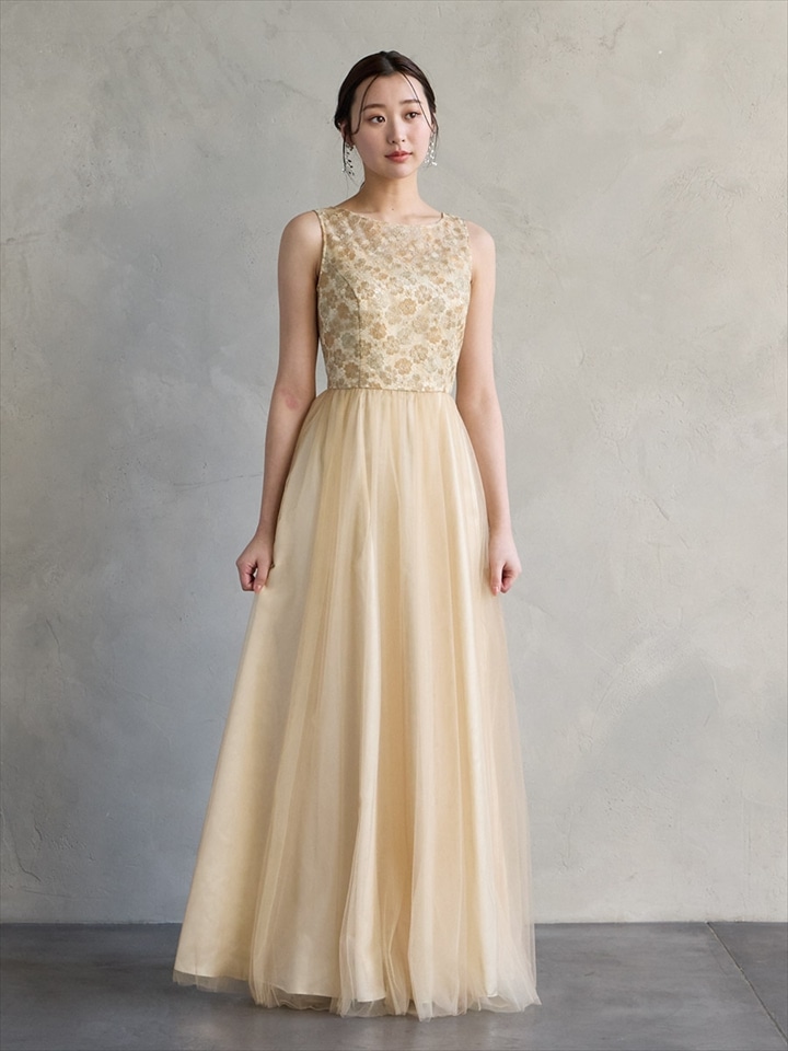 【残りわずか】レース刺繍×チュールAラインドレス|ベージュ