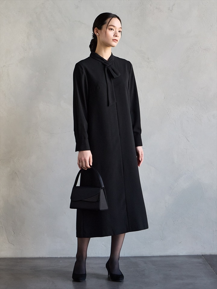 【喪服・礼服】【WEB限定】リボンタイデザイン前開きブラックフォーマルワンピース|ブラック