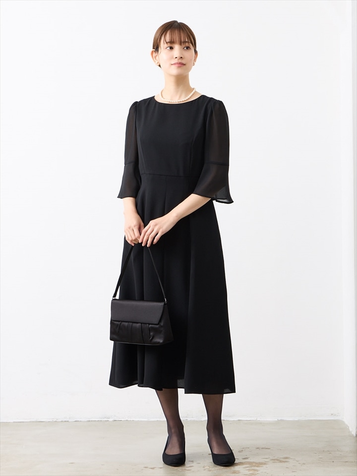 【喪服・礼服】【夏用喪服】【マシンウォッシャブル】フレアスリーブフィット&フレアブラックワンピース|ブラック
