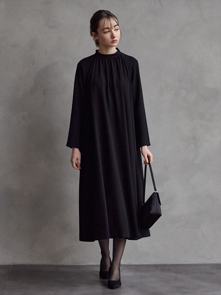 【喪服・礼服】【ウォッシャブル】ラグランスリーブテントラインブラックワンピース|ブラック