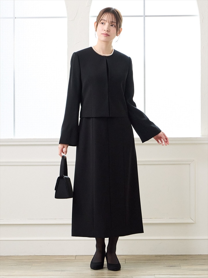 【WEB限定】【洗える・マシンウォッシャブル】セミフレアスリーブノーカラージャケット・前開きセミロングワンピースアンサンブル|ブラック