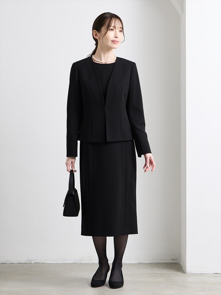 【喪服・礼服】【ウォッシャブル】ブラックフォーマルアンサンブル(Vネックジャケット・タイトシルエットワンピース)|ブラック