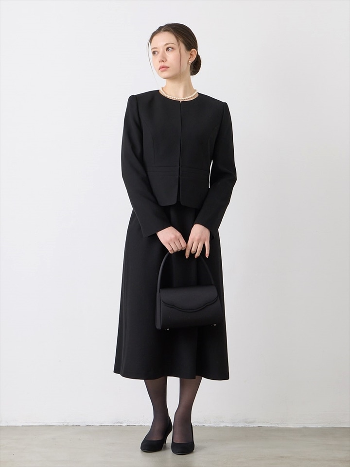 【喪服・礼服】【マシンウォッシャブル】ウエスト切り替えノーカラージャケット、2ピース風ワンピースアンサンブル|ブラック