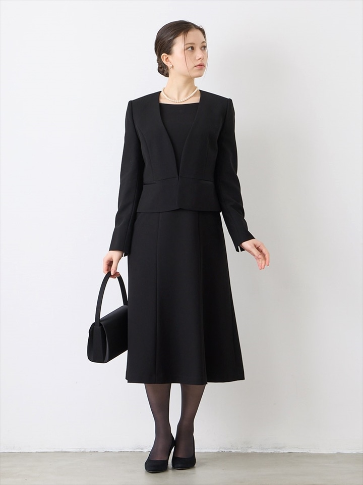 【喪服・礼服】【ウォッシャブル】Vネックノーカラージャケット、前開きワンピースアンサンブル|ブラック