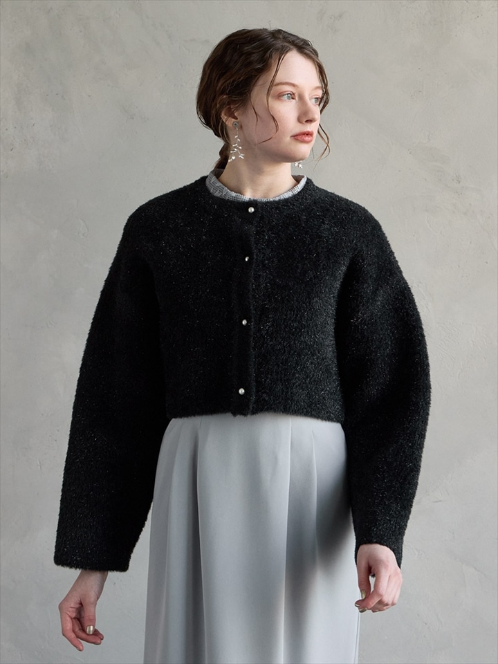 ラメシャギーニットパールボタンカーディガン|ブラック