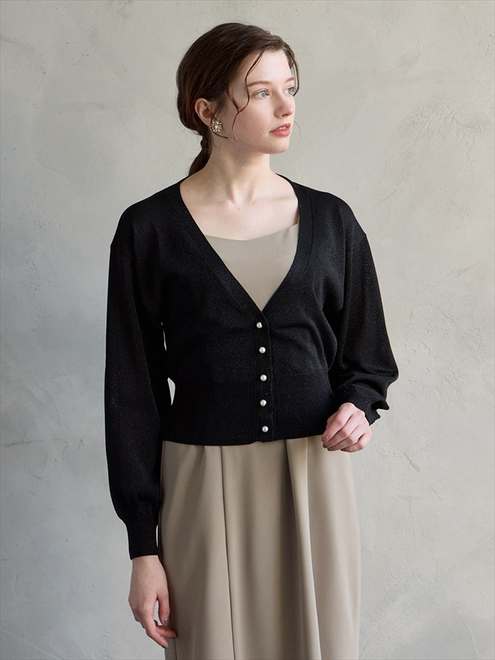 Vネックラメニットカーディガン|ブラック