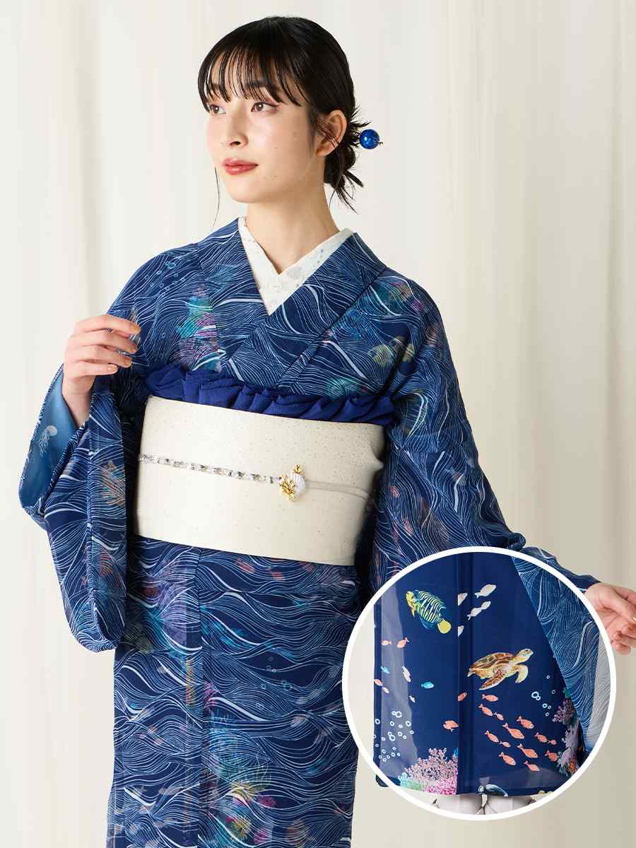 二重着物単品「ナミノムコウ」|ネイビー